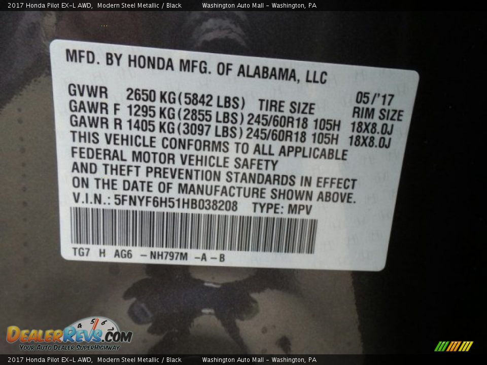 2017 Honda Pilot EX-L AWD Modern Steel Metallic / Black Photo #8