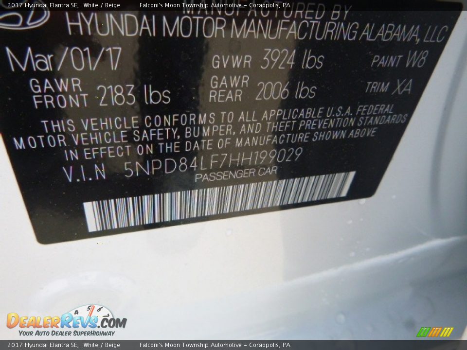 2017 Hyundai Elantra SE White / Beige Photo #12