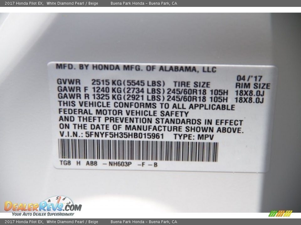 2017 Honda Pilot EX White Diamond Pearl / Beige Photo #19