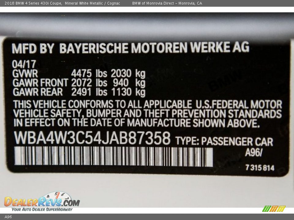 BMW Color Code A96 Mineral White Metallic