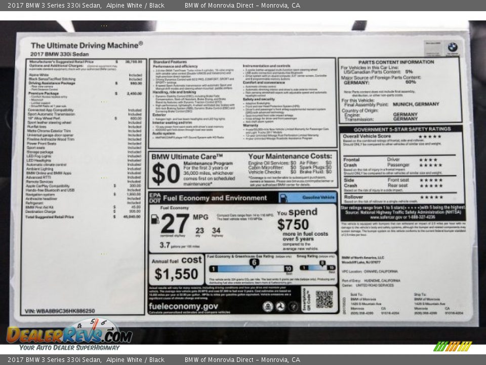 2017 BMW 3 Series 330i Sedan Alpine White / Black Photo #10