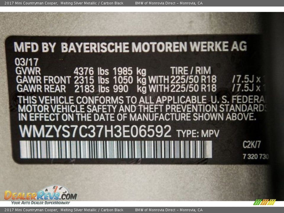 2017 Mini Countryman Cooper Melting Silver Metallic / Carbon Black Photo #11