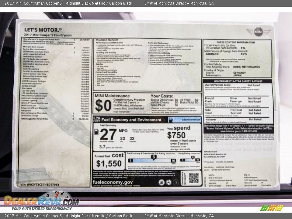 2017 Mini Countryman Cooper S Midnight Black Metallic / Carbon Black Photo #10