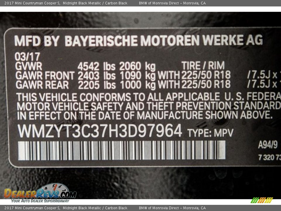 2017 Mini Countryman Cooper S Midnight Black Metallic / Carbon Black Photo #11