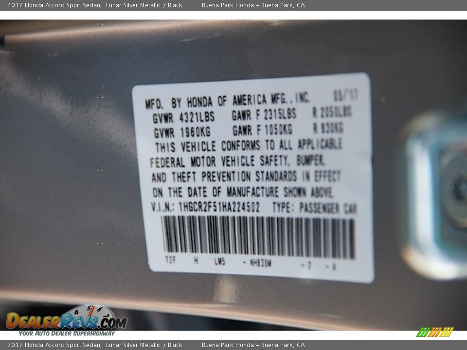 2017 Honda Accord Sport Sedan Lunar Silver Metallic / Black Photo #16