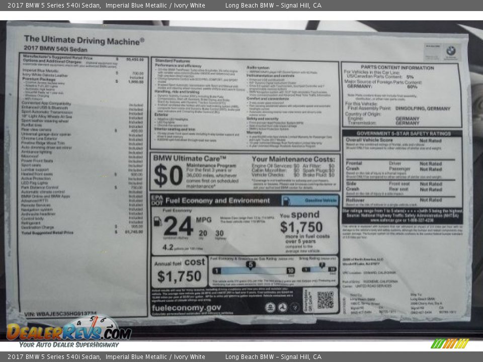 2017 BMW 5 Series 540i Sedan Window Sticker Photo #10