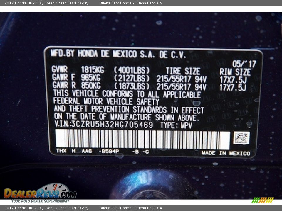 2017 Honda HR-V LX Deep Ocean Pearl / Gray Photo #18