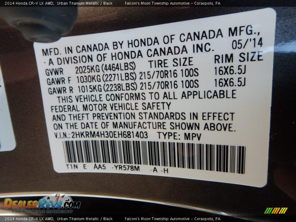 2014 Honda CR-V LX AWD Urban Titanium Metallic / Black Photo #23
