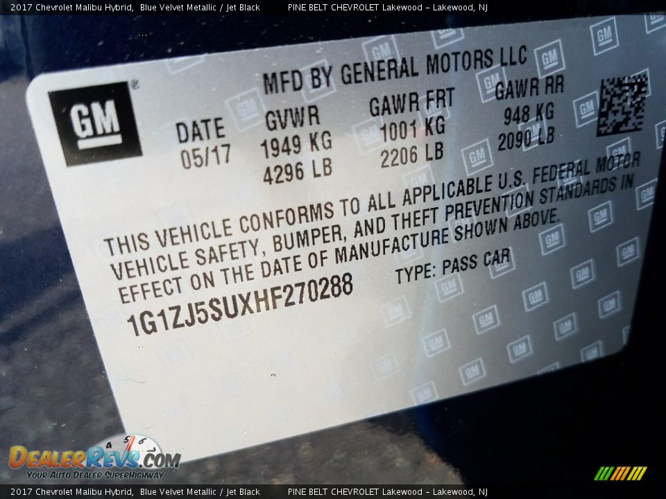2017 Chevrolet Malibu Hybrid Blue Velvet Metallic / Jet Black Photo #10