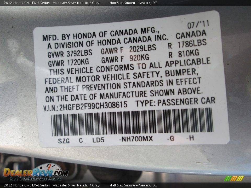 2012 Honda Civic EX-L Sedan Alabaster Silver Metallic / Gray Photo #29
