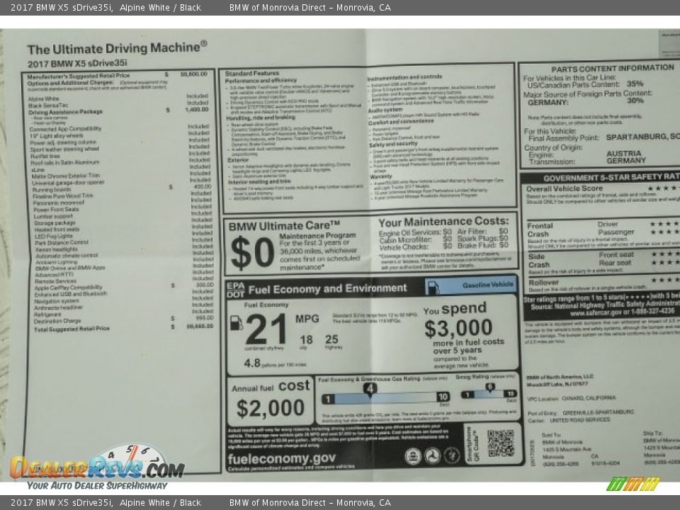 2017 BMW X5 sDrive35i Alpine White / Black Photo #10