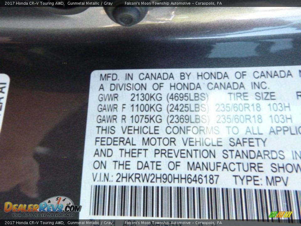 2017 Honda CR-V Touring AWD Gunmetal Metallic / Gray Photo #14
