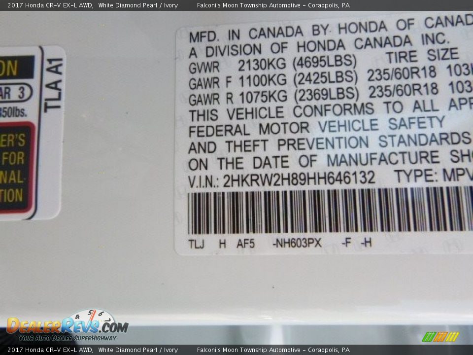 2017 Honda CR-V EX-L AWD White Diamond Pearl / Ivory Photo #14
