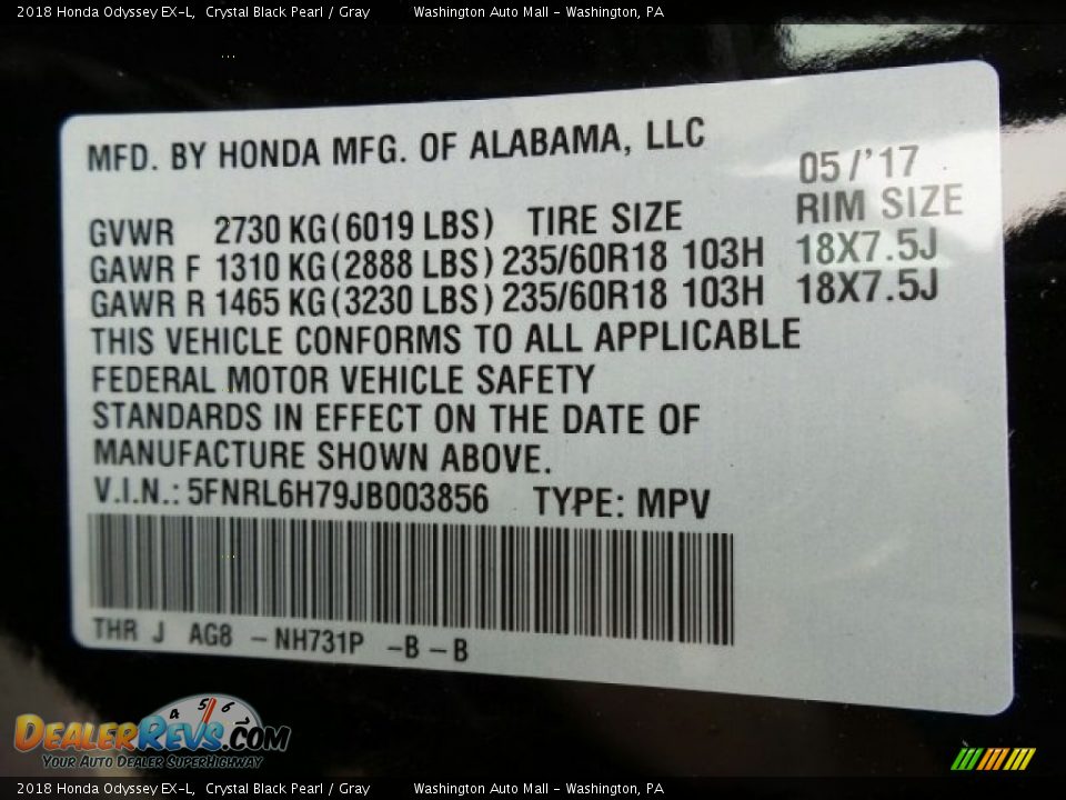 2018 Honda Odyssey EX-L Crystal Black Pearl / Gray Photo #13