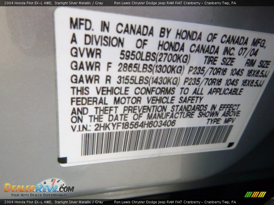 2004 Honda Pilot EX-L 4WD Starlight Silver Metallic / Gray Photo #16