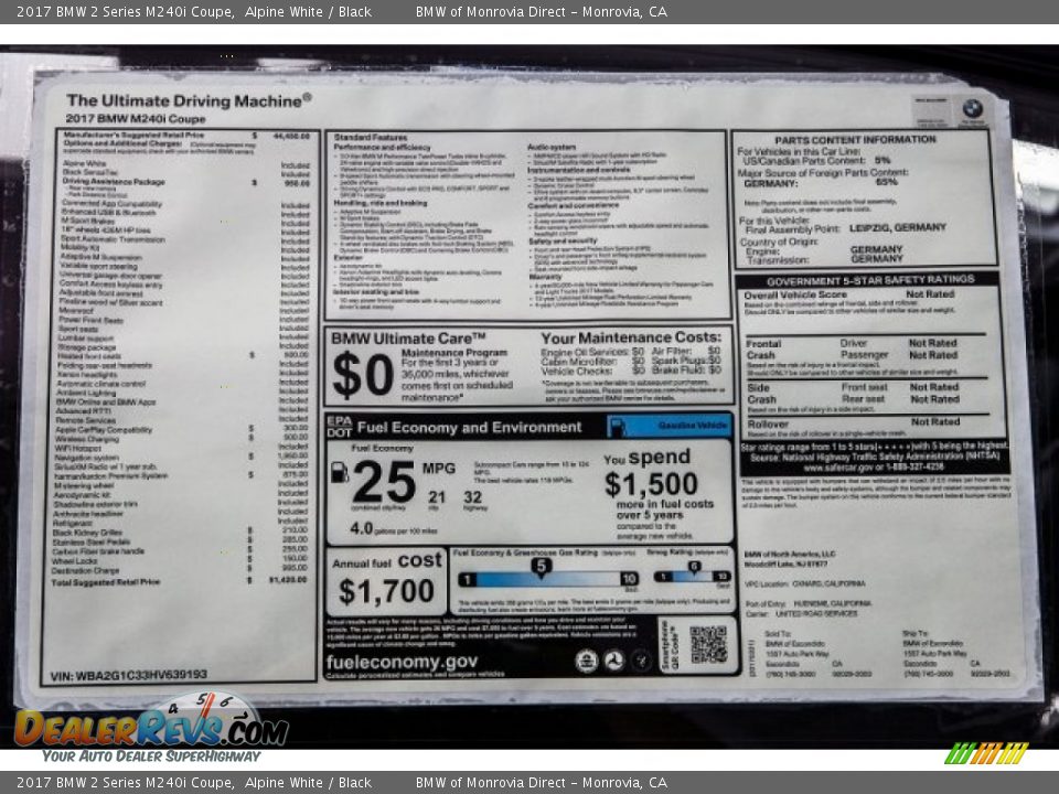 2017 BMW 2 Series M240i Coupe Window Sticker Photo #10