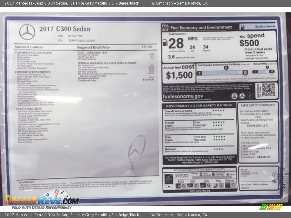 2017 Mercedes-Benz C 300 Sedan Selenite Grey Metallic / Silk Beige/Black Photo #11