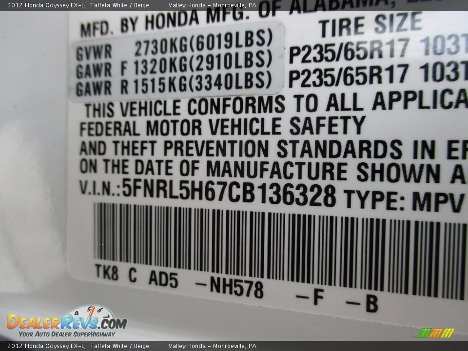 2012 Honda Odyssey EX-L Taffeta White / Beige Photo #19