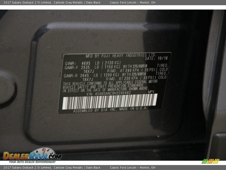 2017 Subaru Outback 2.5i Limited Carbide Gray Metallic / Slate Black Photo #23
