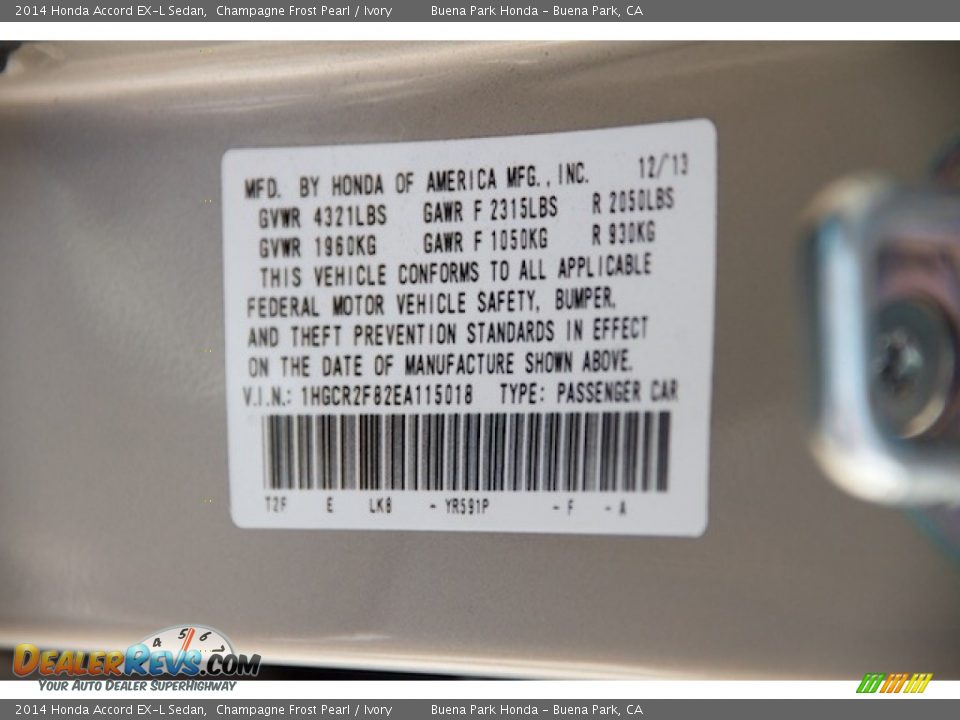 2014 Honda Accord EX-L Sedan Champagne Frost Pearl / Ivory Photo #33