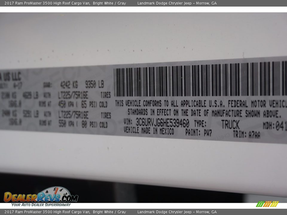 2017 Ram ProMaster 3500 High Roof Cargo Van Bright White / Gray Photo #10