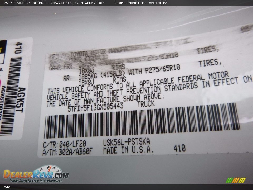 Toyota Color Code 040 Super White