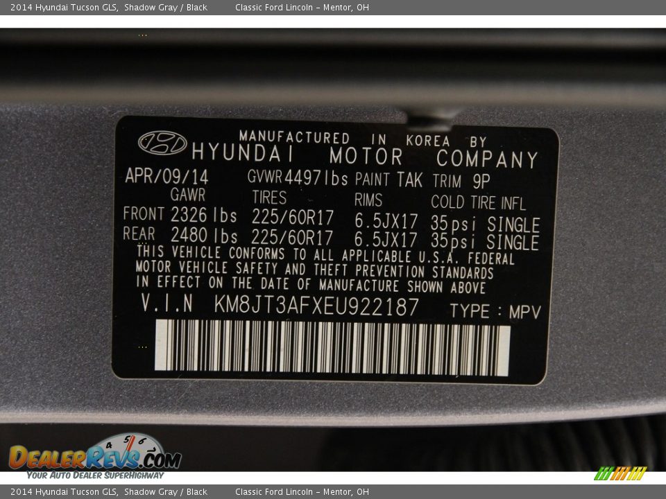 2014 Hyundai Tucson GLS Shadow Gray / Black Photo #18