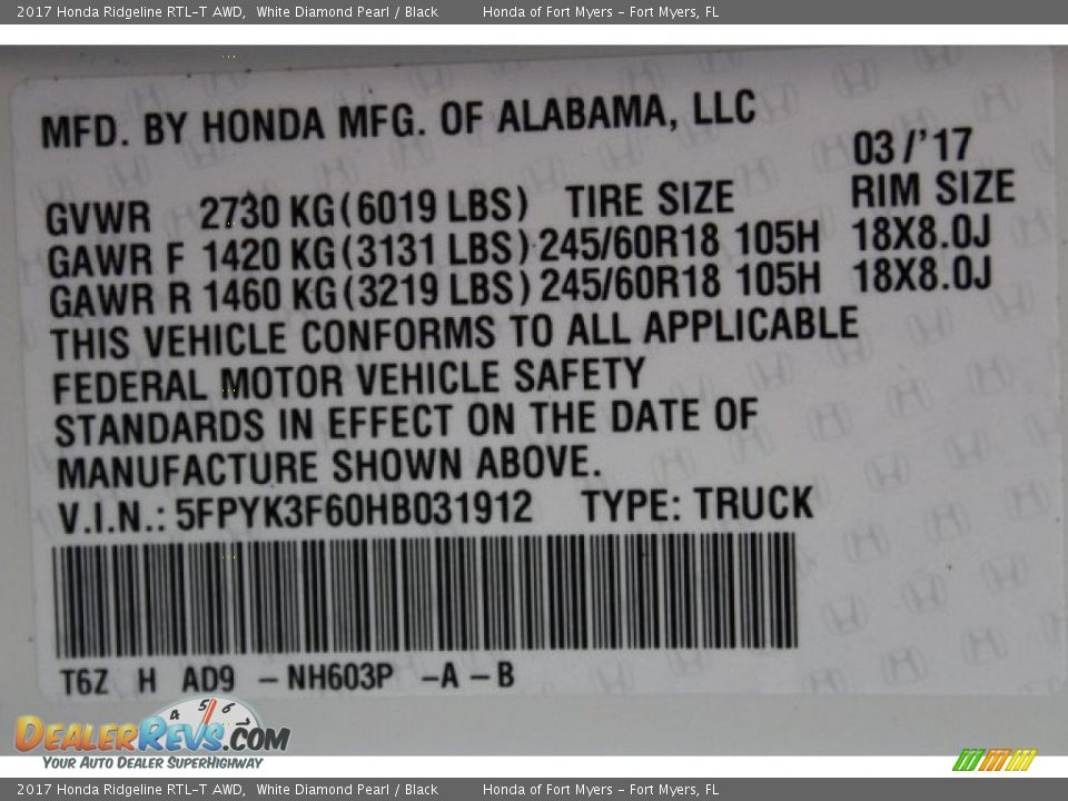 2017 Honda Ridgeline RTL-T AWD White Diamond Pearl / Black Photo #33