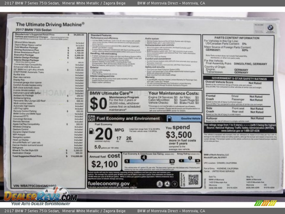 2017 BMW 7 Series 750i Sedan Mineral White Metallic / Zagora Beige Photo #10