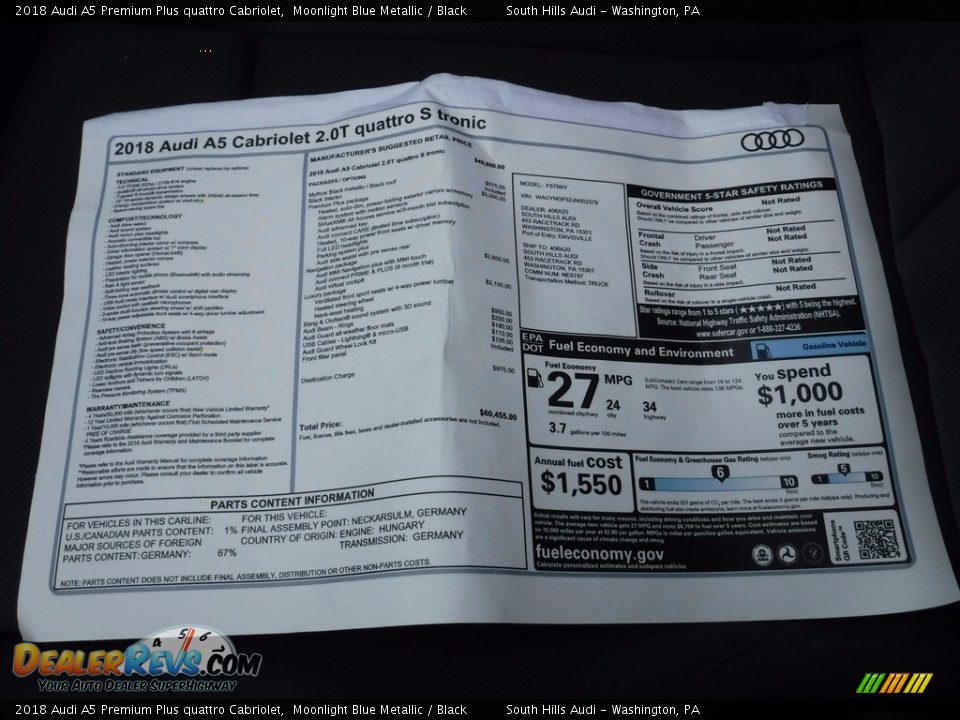 2018 Audi A5 Premium Plus quattro Cabriolet Window Sticker Photo #7