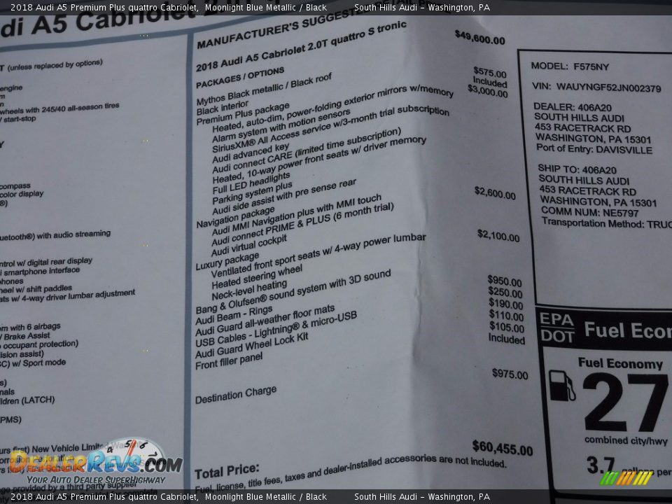 2018 Audi A5 Premium Plus quattro Cabriolet Window Sticker Photo #8
