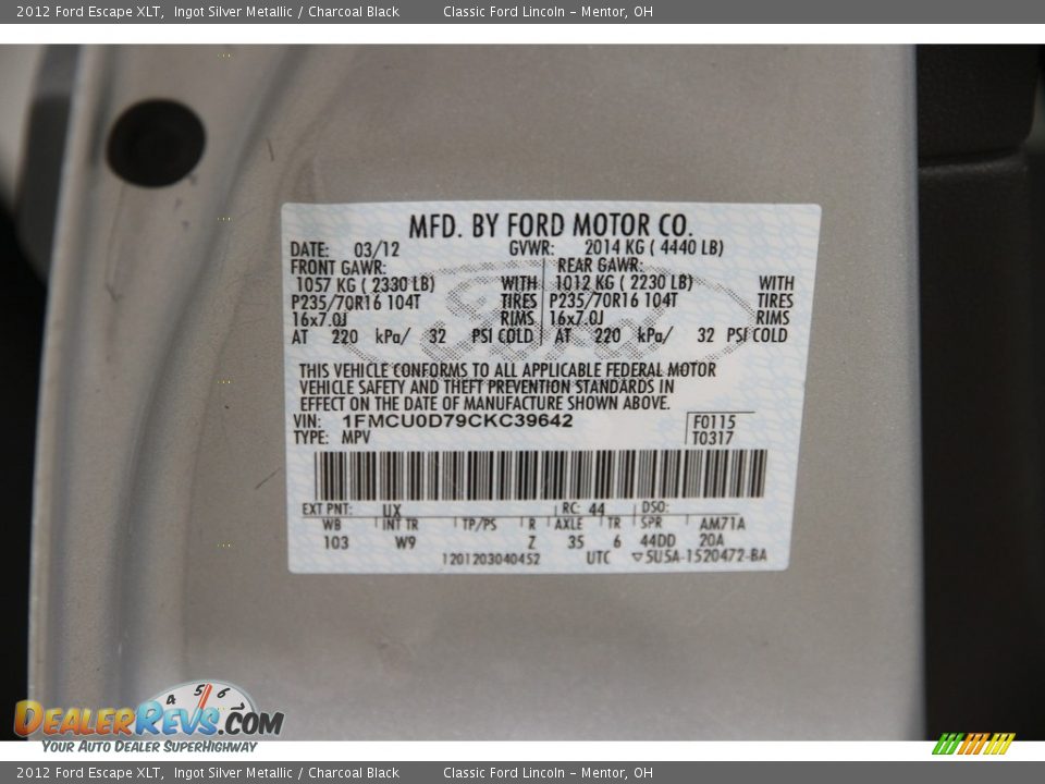2012 Ford Escape XLT Ingot Silver Metallic / Charcoal Black Photo #19