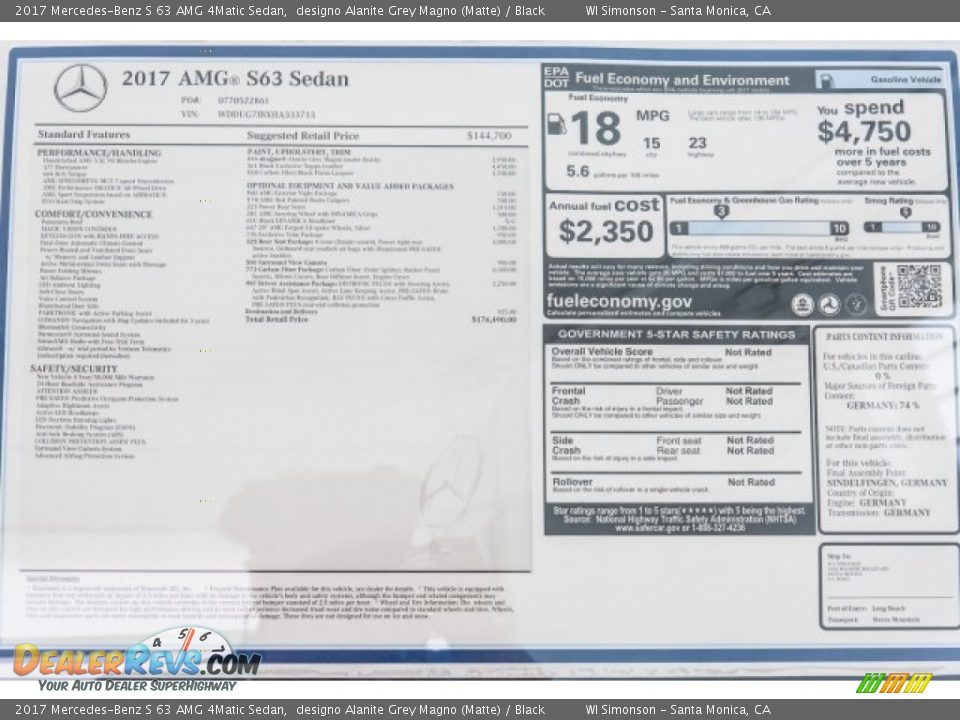 2017 Mercedes-Benz S 63 AMG 4Matic Sedan Window Sticker Photo #21