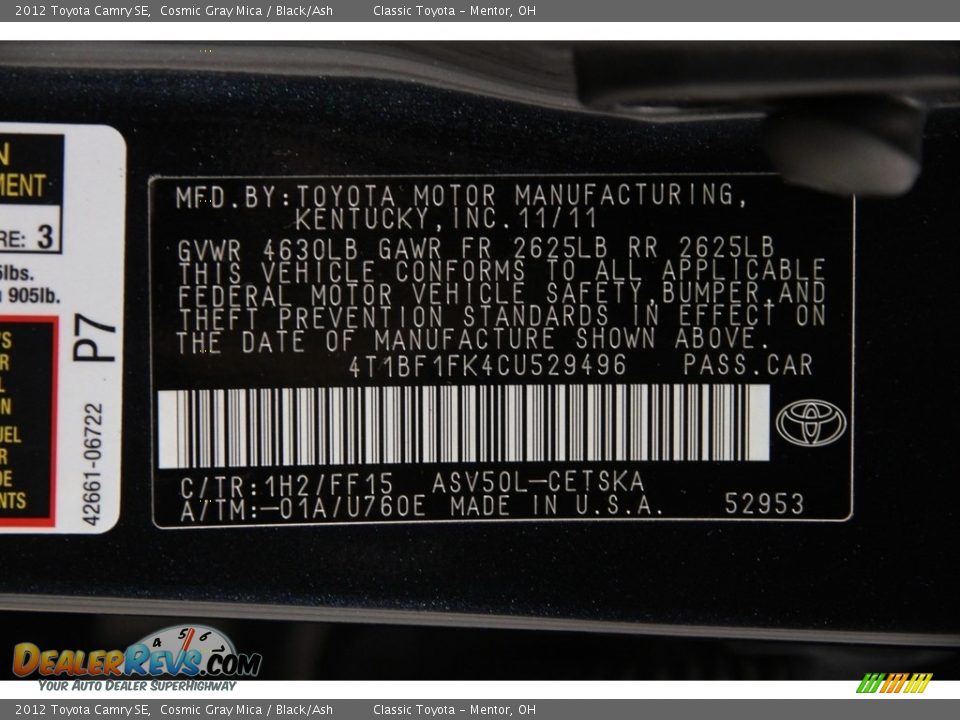 2012 Toyota Camry SE Cosmic Gray Mica / Black/Ash Photo #18
