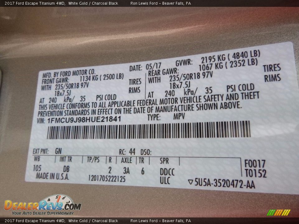2017 Ford Escape Titanium 4WD White Gold / Charcoal Black Photo #14