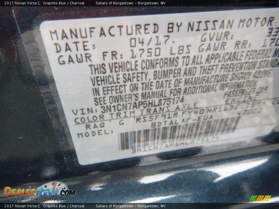 2017 Nissan Versa S Graphite Blue / Charcoal Photo #14