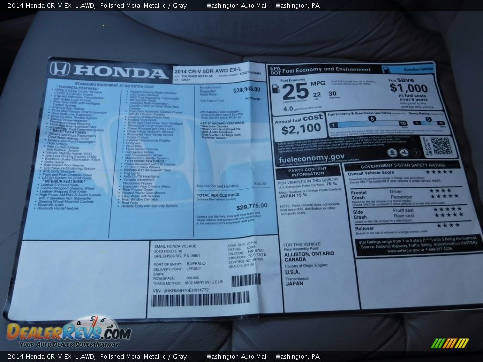 2014 Honda CR-V EX-L AWD Polished Metal Metallic / Gray Photo #28
