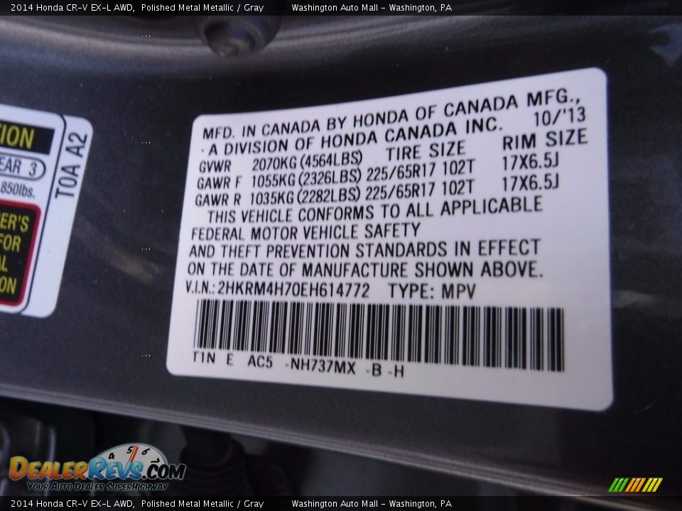 2014 Honda CR-V EX-L AWD Polished Metal Metallic / Gray Photo #29