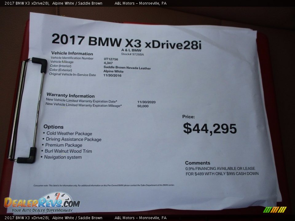 2017 BMW X3 xDrive28i Alpine White / Saddle Brown Photo #11