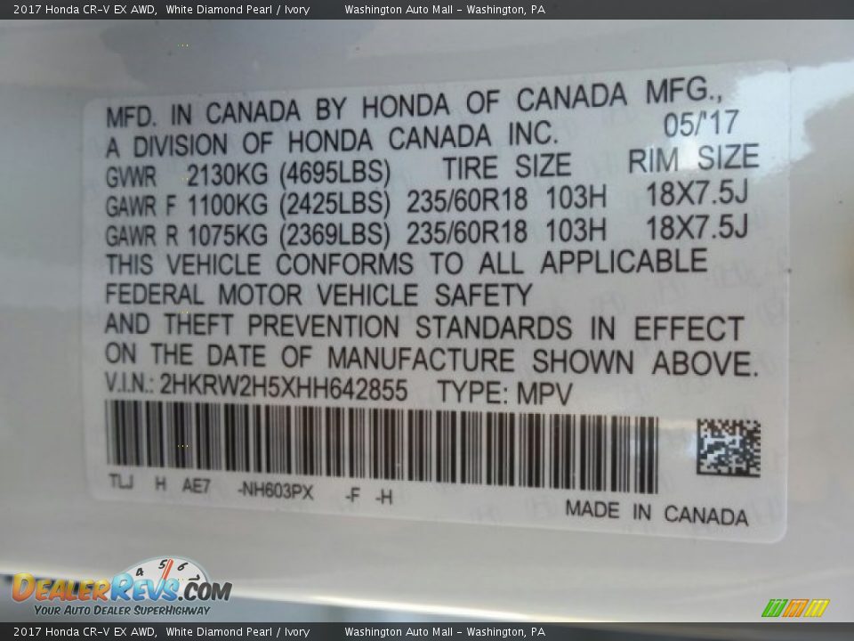 2017 Honda CR-V EX AWD White Diamond Pearl / Ivory Photo #8