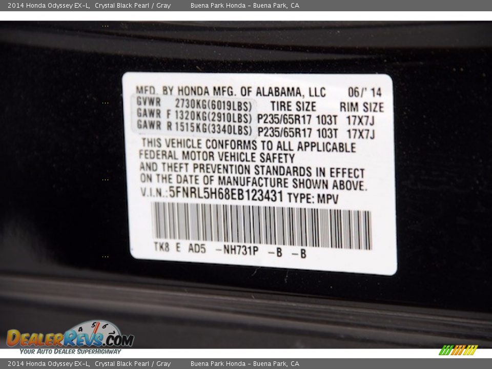 2014 Honda Odyssey EX-L Crystal Black Pearl / Gray Photo #34