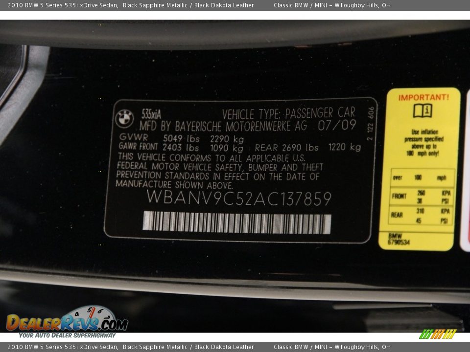 2010 BMW 5 Series 535i xDrive Sedan Black Sapphire Metallic / Black Dakota Leather Photo #20