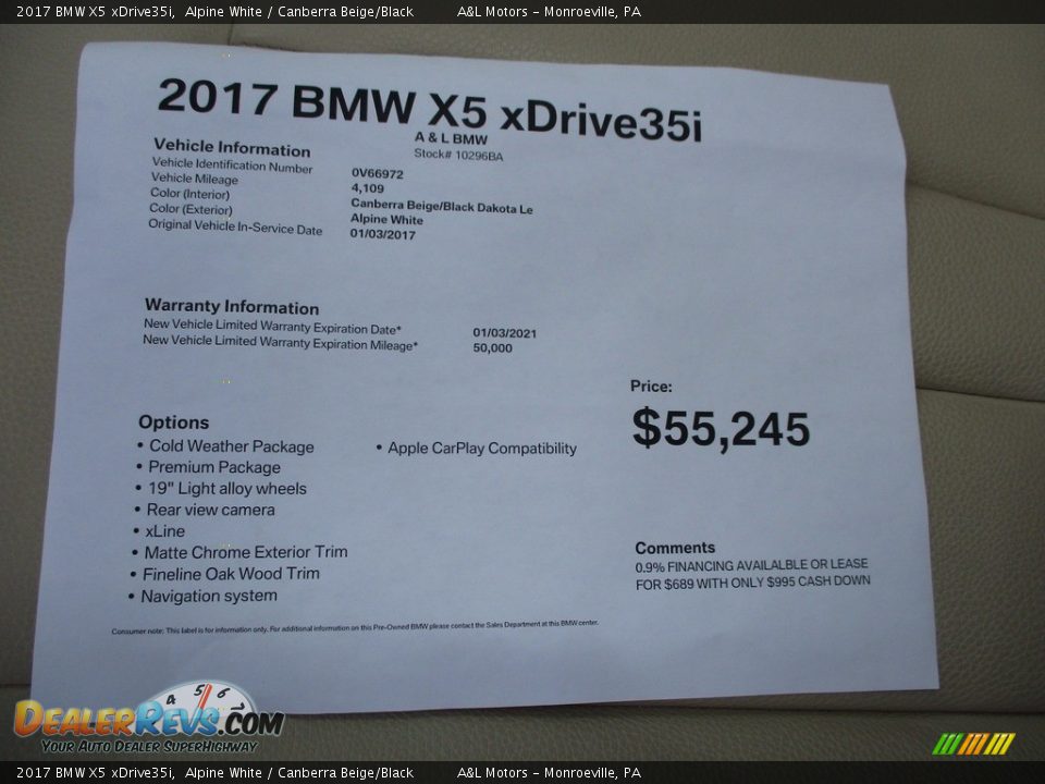 2017 BMW X5 xDrive35i Alpine White / Canberra Beige/Black Photo #14