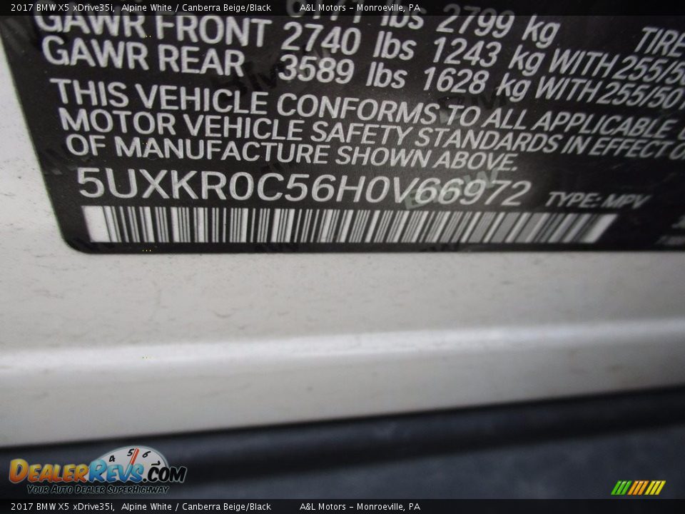 2017 BMW X5 xDrive35i Alpine White / Canberra Beige/Black Photo #19