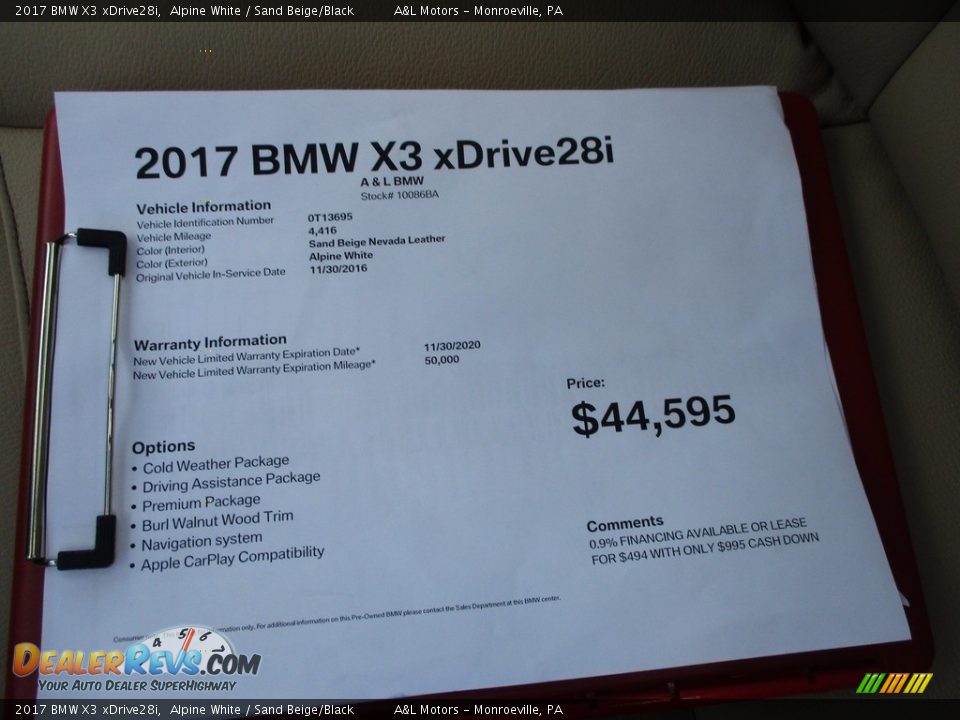 2017 BMW X3 xDrive28i Alpine White / Sand Beige/Black Photo #11