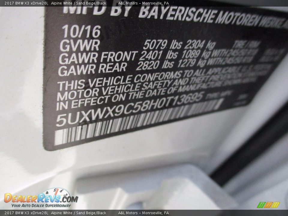 2017 BMW X3 xDrive28i Alpine White / Sand Beige/Black Photo #19