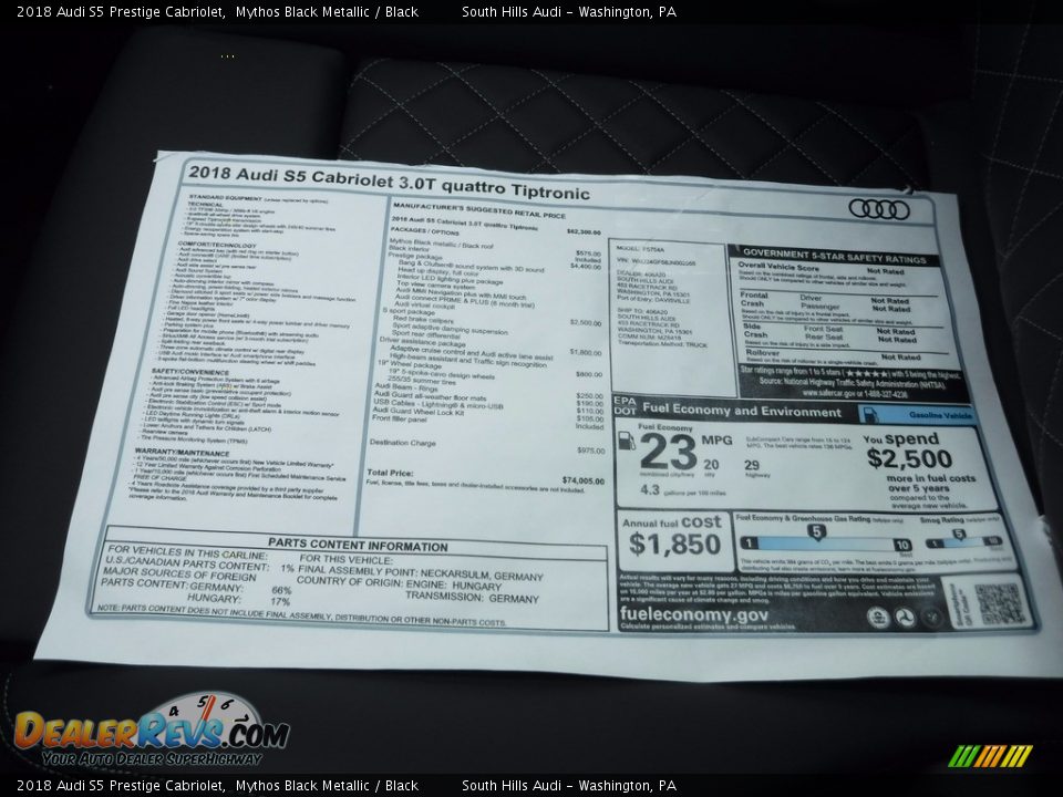 2018 Audi S5 Prestige Cabriolet Mythos Black Metallic / Black Photo #9