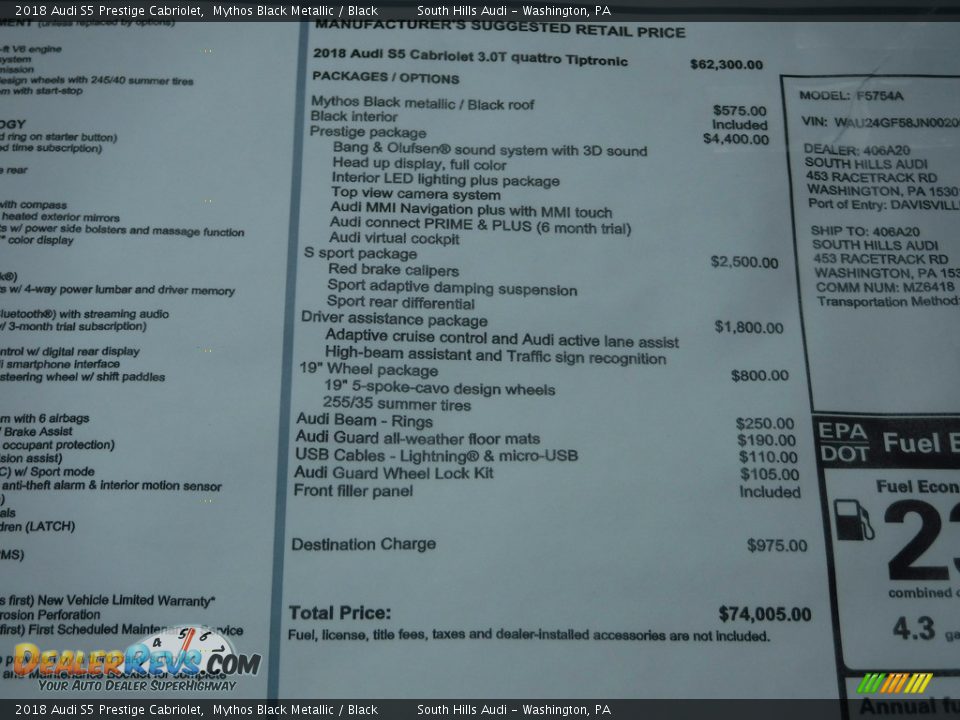 2018 Audi S5 Prestige Cabriolet Window Sticker Photo #10