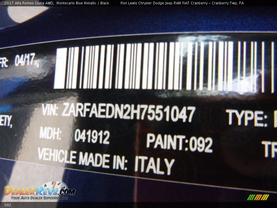 Alfa Romeo Color Code 092 Montecarlo Blue Metallic