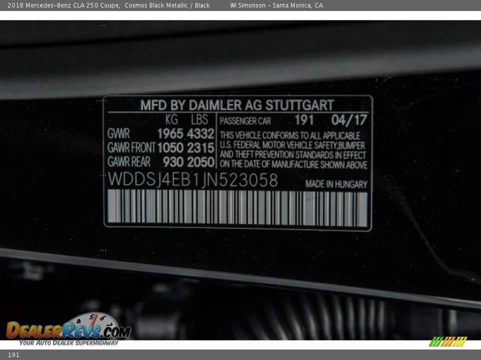 Mercedes-Benz Color Code 191 Cosmos Black Metallic